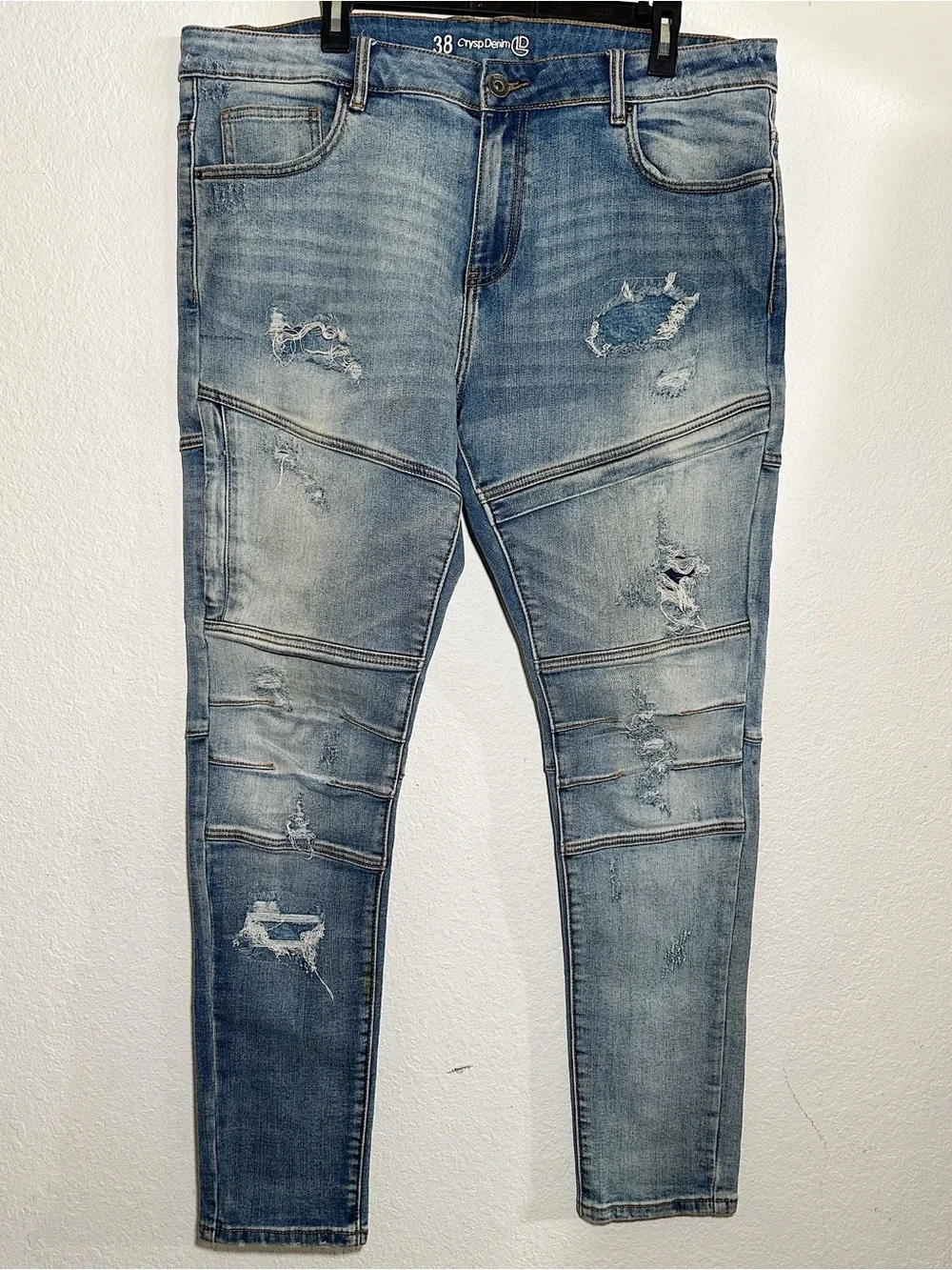 Crysp Denim Men's Distressed Moto Skinny Jeans Size 38 - 32